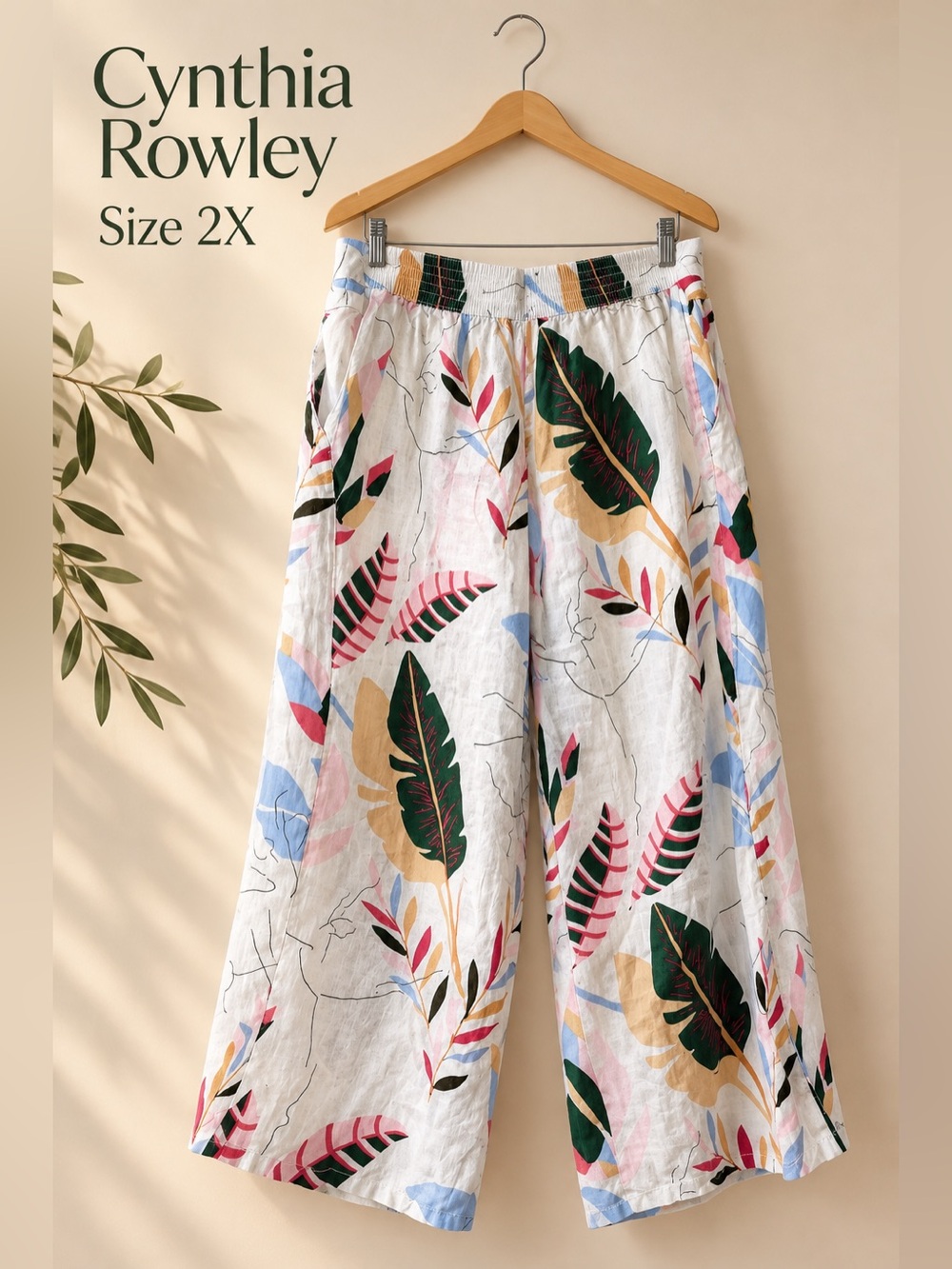 Cynthia Rowley Tropical Botanical 100% Linen Wide Leg Pants 2X